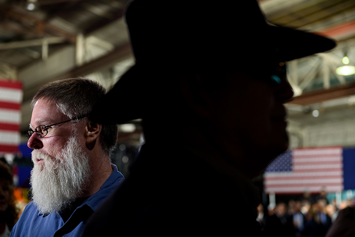  CORAOPOLIS, PA - JANUARY 18: Tim Randolph, 51, of Bloomingdale, Ohio waits at an official visit from President Donald Trump at H&K Equipment, a rental and sales company for specialized material handling solutions in Coraopolis, Pennsylvania, on Janu