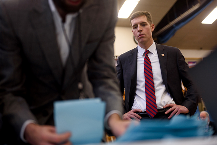  Conor Lamb watches on as votes are tallied at the Democratic committee members convention to name a candidate for Pennsylvania's 18th District on November 19, 2017 at Washington High School in Washington, Pa.  