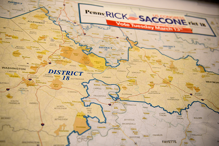  A map for Pennsylvania's 18th Congressional District hangs in Rick Saccone's campaign office on February 8, 2018 in Canonsburg, Pa.  