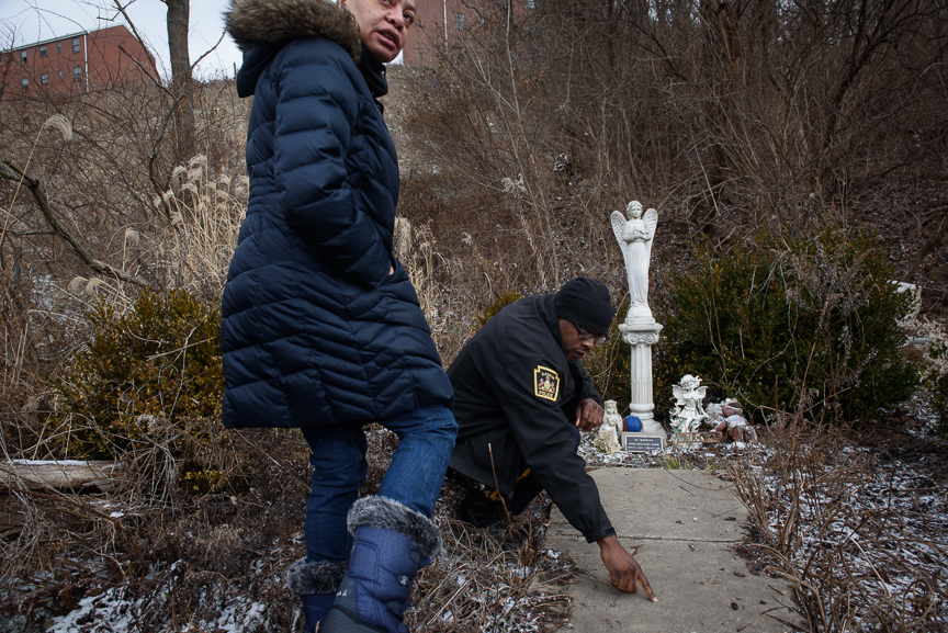  Rankin Police Chief Ryan Wooten points to Nyia Page's footprints that are cast in the concrete of a memorial to her as he visits the memorial with Elizabeth Matthews on Jan. 25, 2018 in Rankin. Matthews takes care of the memorial site where Nyia's 2