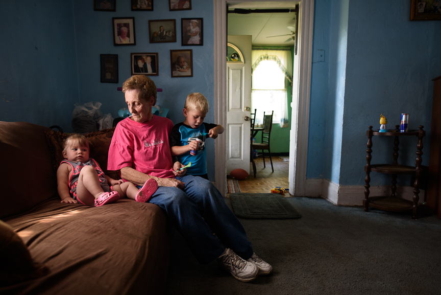  Patricia Savulchak, 73, sits with her great-grandchildren, one-year-old, Layla, and Cameron Gorman, 3, at her house on June 10, 2017 in Esplen, a neighborhood in Pittsburgh, Pa.  