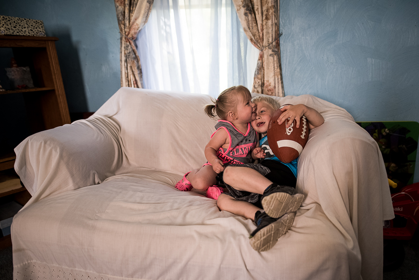  Cameron Gorman, 3, sits with his one-year-old sister, Layla, at their great-grandmother's house on June 10, 2017 in Esplen, a neighborhood in Pittsburgh, Pa. The two began living with with their great-grandmother, Patricia Savulchak, 73, who has kin
