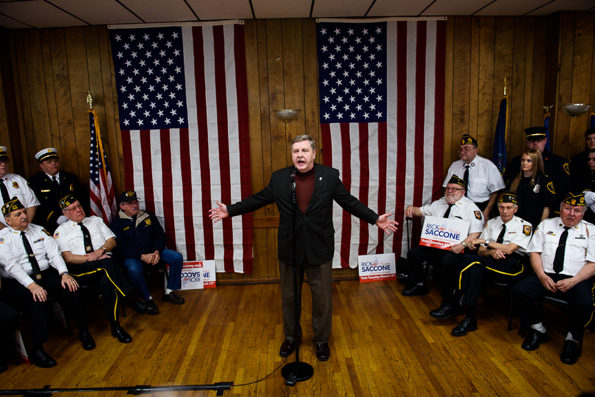  Rick Saccone, the Republican candidate for Pennsylvania's 18th congressional district, speaks to supporters and volunteers during a campaign stop at the Blaine Hill volunteer fire department on Monday, March 12, 2018 in Elizabeth Township, Pa. Sacco