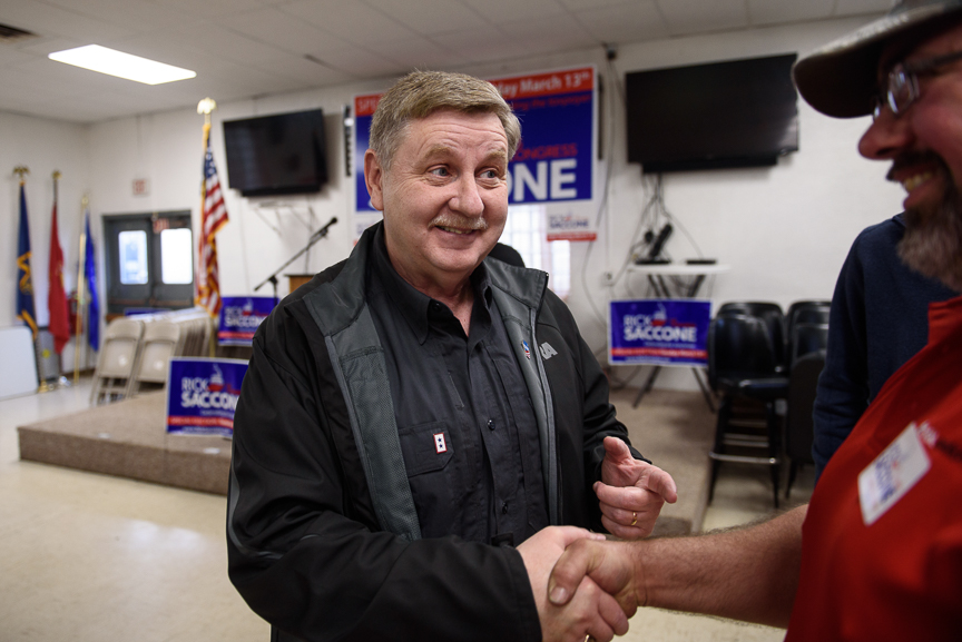  Rick Saccone talks with supporters at the VFW Post 4793 after a campaign rally on March 5, 2018 in Waynesburg, Pa.  