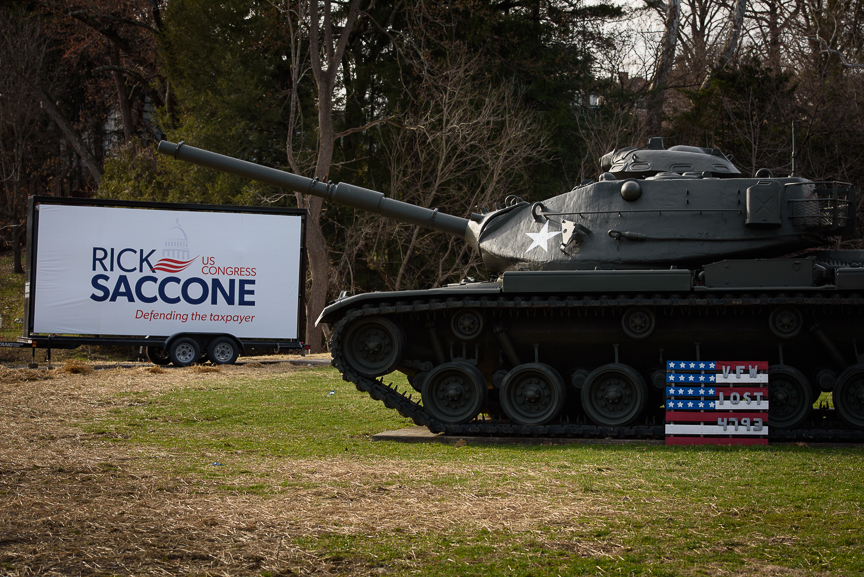  A sign for Republican nominee for congress Rick Saccone sits outside of the VFW Post 4793 prior to a campaign rally supporting the coal community on March 5, 2018 in Waynesburg, Pa. 
 