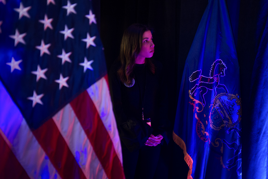  Olivia Somdecerff, a volunteer with the Conor Lamb campaign, stands backstage as she watches results in Pennsylvania's 18th congressional district special election at Conor Lamb's campaign headquarters at Hilton Garden hotel on Tuesday, March 13, 20