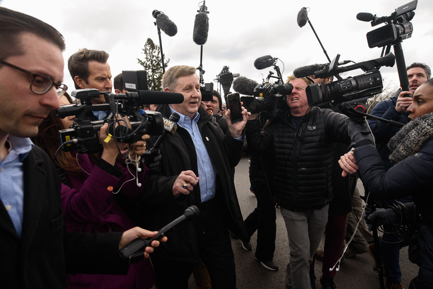  Rick Saccone, Republican candidate for Pennsylvania's 18th congressional district, holds his cell phone up with a video call from his son, as he is surrounded by media after voting at Mount Vernon Presbyterian Church on Tuesday, March 13, 2018 in Mc