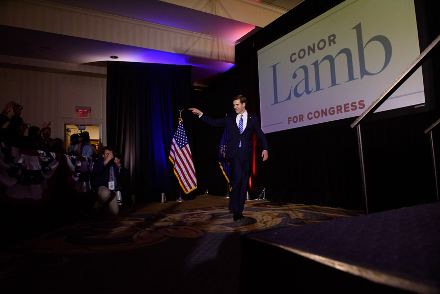  Conor Lamb, Democratic candidate for Pennsylvania's 18th congressional district, takes the stage to deliver his acceptance speech at his campaign headquarters at Hilton Garden hotel early Wednesday, March 14, 2018 in Southpointe, Pa. 