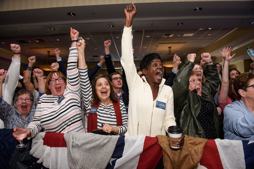  Supporters of Conor Lamb react as results show him pulling ahead in Pennsylvania's 18th congressional district special election at Conor Lamb's campaign headquarters at Hilton Garden hotel on Tuesday, March 13, 2018 in Southpointe, Pa. 
