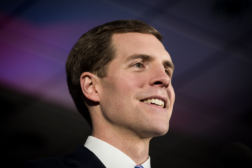  Conor Lamb, Democratic candidate for Pennsylvania's 18th congressional district, takes the stage to deliver his acceptance speech at his campaign headquarters at Hilton Garden hotel early Wednesday, March 14, 2018 in Southpointe, Pa. 