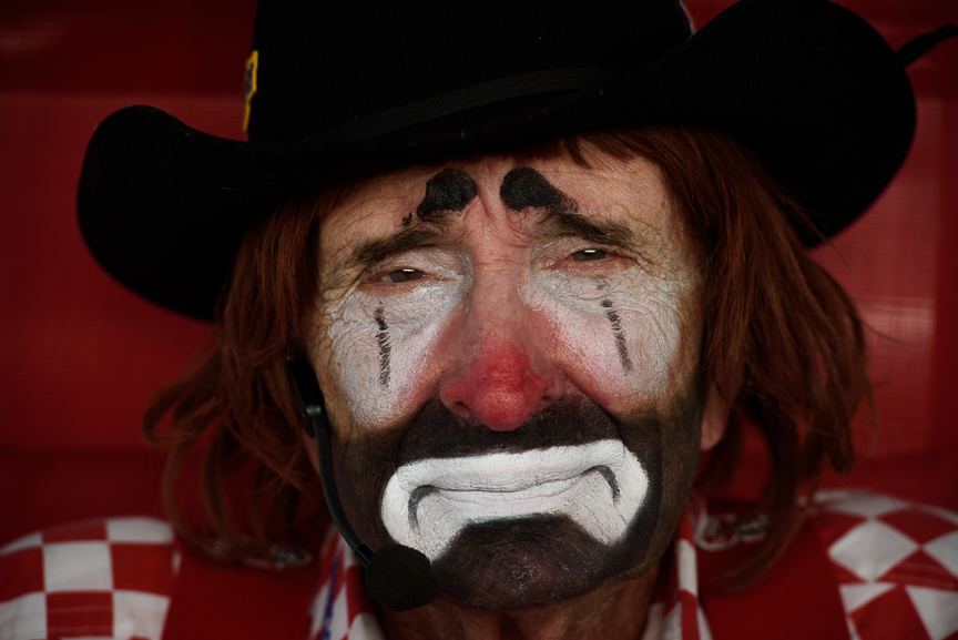  Rodeo clown Lecile Harris, 81, of Collierville, Tenn., sits near his trailer as he waits for the start of the Fort Armstrong Championship Rodeo on Friday, July 13, 2018 at the Crooked Creek Horse Park in Ford City, Pa. Harris has been working in rod