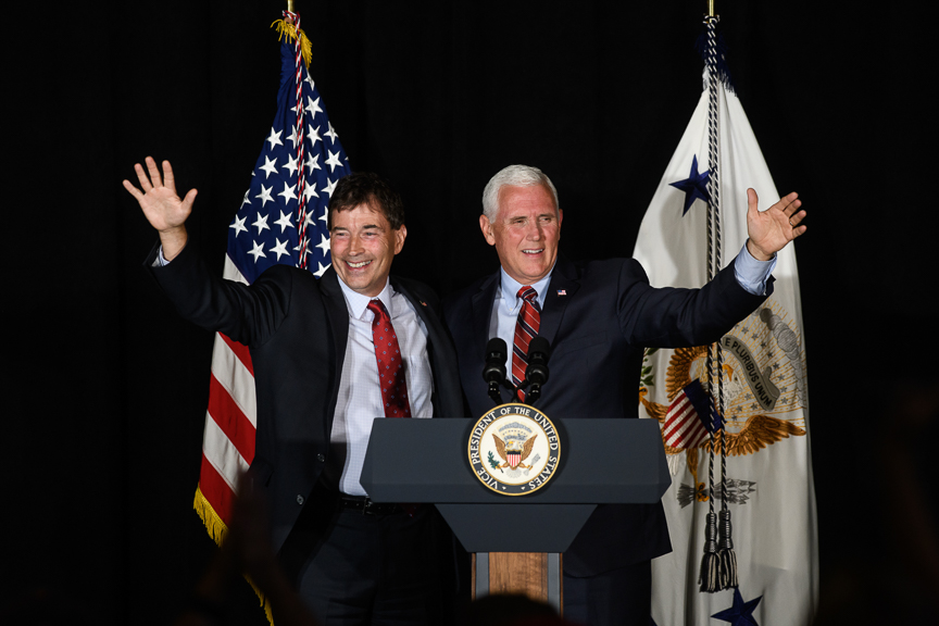  Vice President Mike Pence stands with Republican Congressional candidate Troy Balderson during a rally at the Skylight Banquet Facility on Monday, July 30, 2018 in Newark, Ohio.  