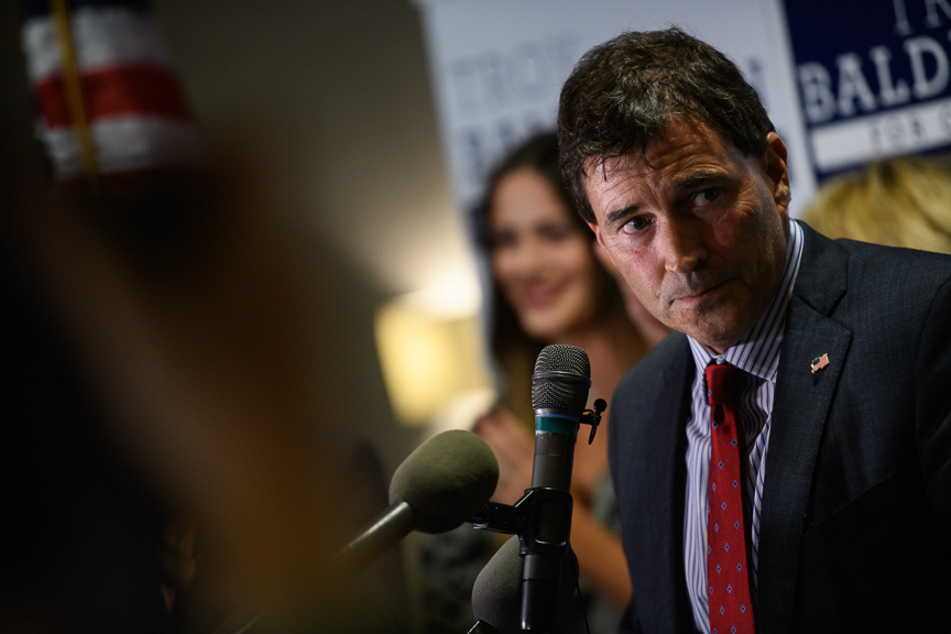  Republican congressional candidate Troy Balderson gives his victory speech at his election night party at the DoubleTree by Hilton Hotel on August 7, 2018 in Newark, Ohio. Balderson defeated Democrat Danny OConnor in a widely watched race that is co