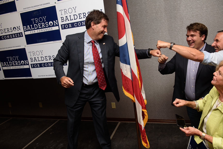  Republican congressional candidate Troy Balderson celebrates after giving his victory speech at his election night party at the DoubleTree by Hilton Hotel on August 7, 2018 in Newark, Ohio. Balderson defeated Democrat Danny OConnor in a widely watch