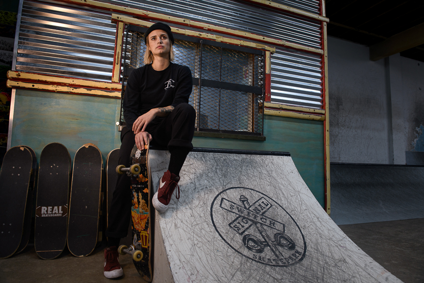  Natalie Snyder, 26, of the North Side, a neighborhood in Pittsburgh, Pa., an employee at Switch and Signal Skatepark, poses for a portrait on Sept. 9, 2018 in Swissvale, Pa. 