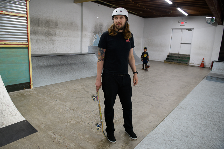  Kerry Weber, 37, owner of Switch and Signal Skatepark prepares to skates in the indoor facility on Sept. 1, 2018 in Swissvale, Pa. 