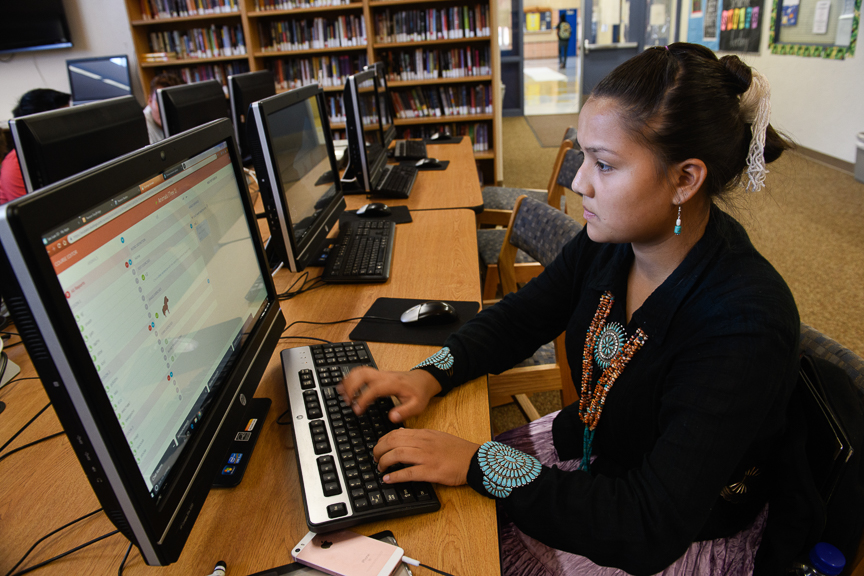  Claramae Armajo, 14, works on the development of Duolingo's Navajo language course at San Juan High School on October 3, 2018 in Blanding, Utah. 