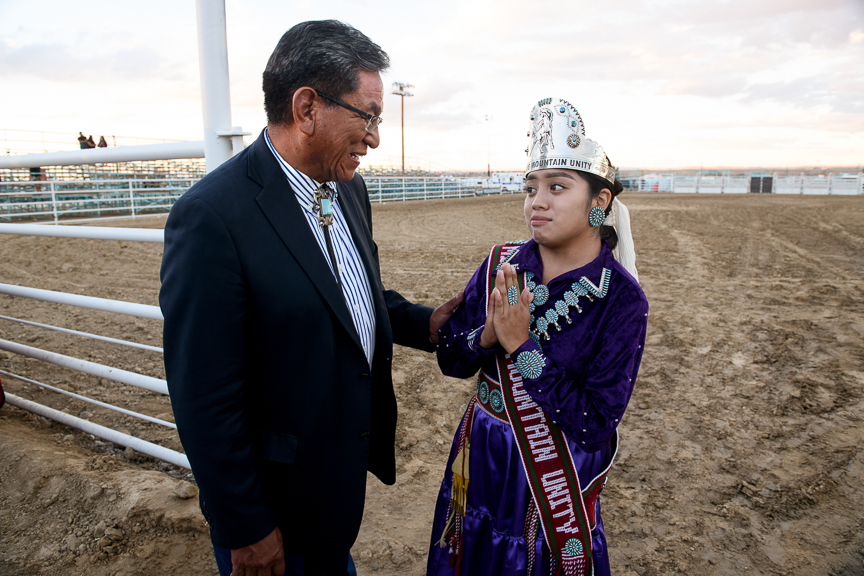  Russell Begaye, the president of the Navajo Nation, thanks Tiana Sam, 16, Miss Blue Mountain Unity Princess, for her work on the Duolingo Navajo language course as he meets her at the Shiprock Northern Navajo Nation Fair on October 5, 2018 in Shipro