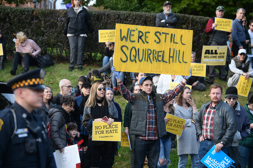  People join a solidarity march in response to the visit by President Trump to Pittsburgh and the Tree of Life Synagogue shooting on Tuesday, October 30, 2018 in Pittsburgh's Squirrel Hill neighborhood.  