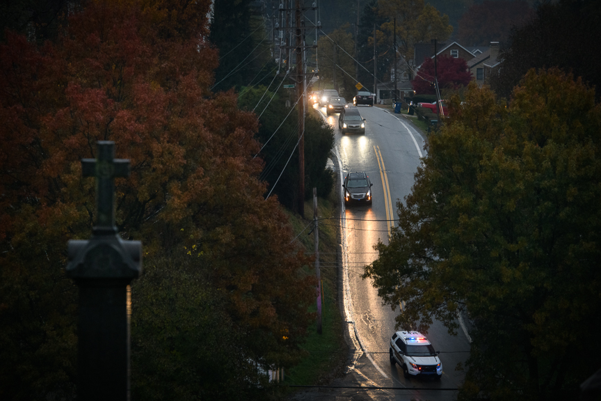  The funeral procession of Richard Gottfried makes its way to the New Light Cemetery on Thursday, November 1, 2018. Gottfried was one of the Tree of Life Synagogue shooting victims.  