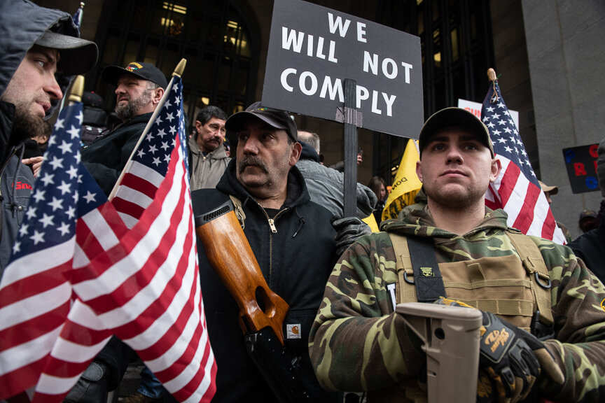  PITTSBURGH, PA-JANUARY 7, 2019: Several hundred supporters of the Second Amendment gather at the City-County Building on Monday, January 7, 2019 in Downtown, Pittsburgh. The protesters gathered to rally against the city council's proposed restrictio