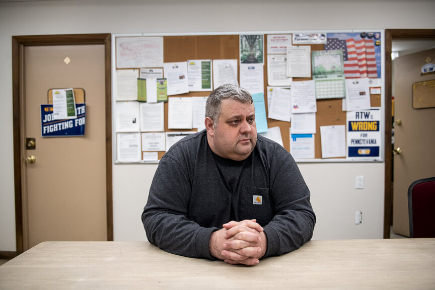  Don Elliott, 40, of North Huntingdon, Pa., a gas handling technician and union safety representative at U.S. Steel's Clairton Coke Works, sits in the United Steelworkers Local 1557 union hall on Tuesday, March 5, 2019 in Clairton, Pa.  