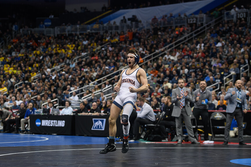  Jack Mueller of the Virginia Cavaliers reacts after defeating Sebastian Rivera of Northwestern in the 125 lb weight class quarterfinals during the NCAA Division I Men's Wrestling Championship held at PPG Paints Arena on March 22, 2019 in Pittsburgh,