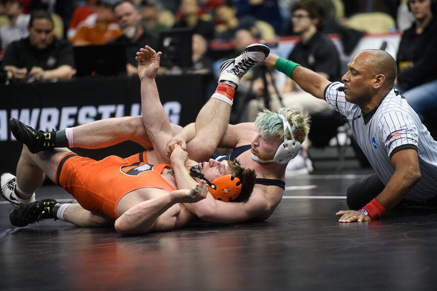  Bo Nickal of the Penn State Nittany Lions wrestles Patrick Brucki of the Princeton Tigers in the semifinals of the NCAA Division 1 Wrestling Championships on March 22, 2019 at PPG Paints Arena in Pittsburgh, Pennsylvania 