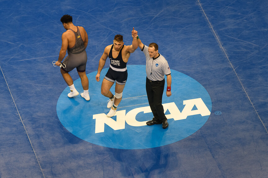  Gable Steveson of Minnesota walks off the mat as Anthony Cassar of Penn State defeated him in the 285 lbs weight class semifinals match during the NCAA Division I Men's Wrestling Championship held at PPG Paints Arena on March 22, 2019 in Pittsburgh,