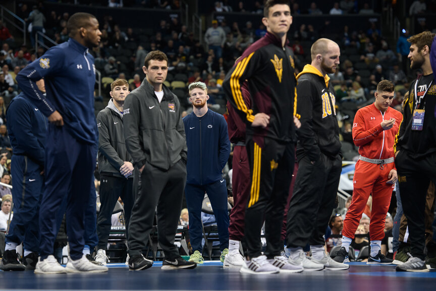  Bo Nickal of the Penn State Nittany Lions stands with fellow All-Americans prior to the start of the championship matches during the NCAA Division I Men's Wrestling Championship held at PPG Paints Arena on March 23, 2019 in Pittsburgh, Pennsylvania.