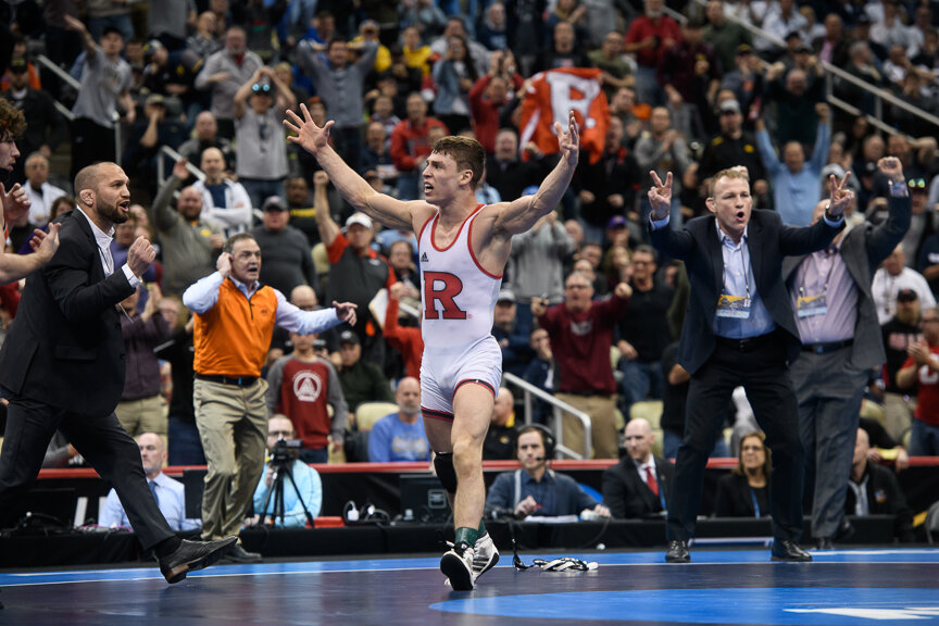  Nick Suriano of the Rutgers Scarlet Knights celebrates  after defeating Daton Fix of the Oklahoma State Cowboys in the 133 lbs weight class championship match during the NCAA Division I Men's Wrestling Championship held at PPG Paints Arena on March 