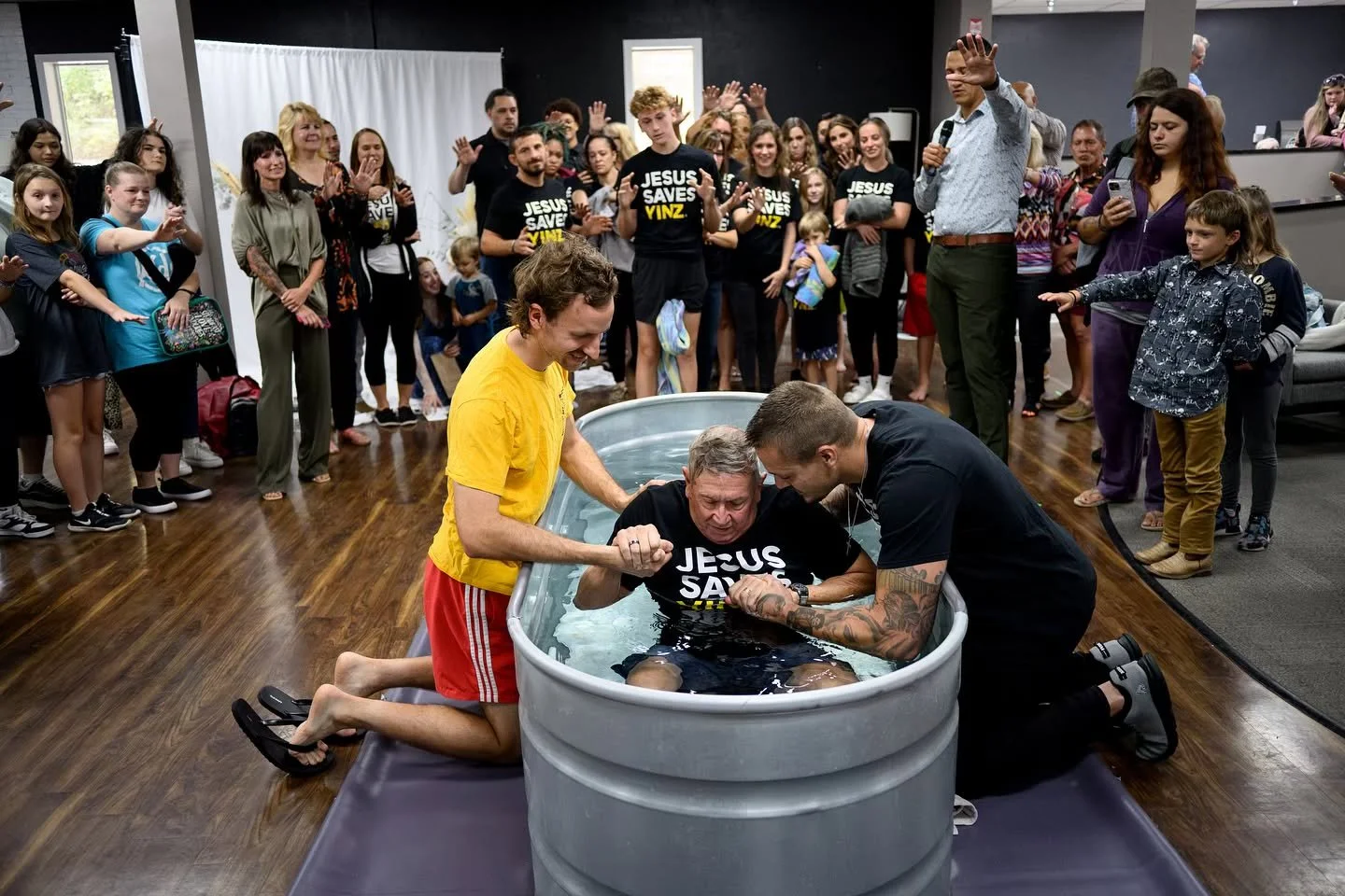 A man is baptized in the lobby of Grace Life Church in Monroeville, Pa. The church helped put on the Pittsburgh stop of the &ldquo;Courage Tour,&rdquo; a politics-laden Christian revival billed as a &ldquo;celebration of Jesus Christ&rsquo;s courage 