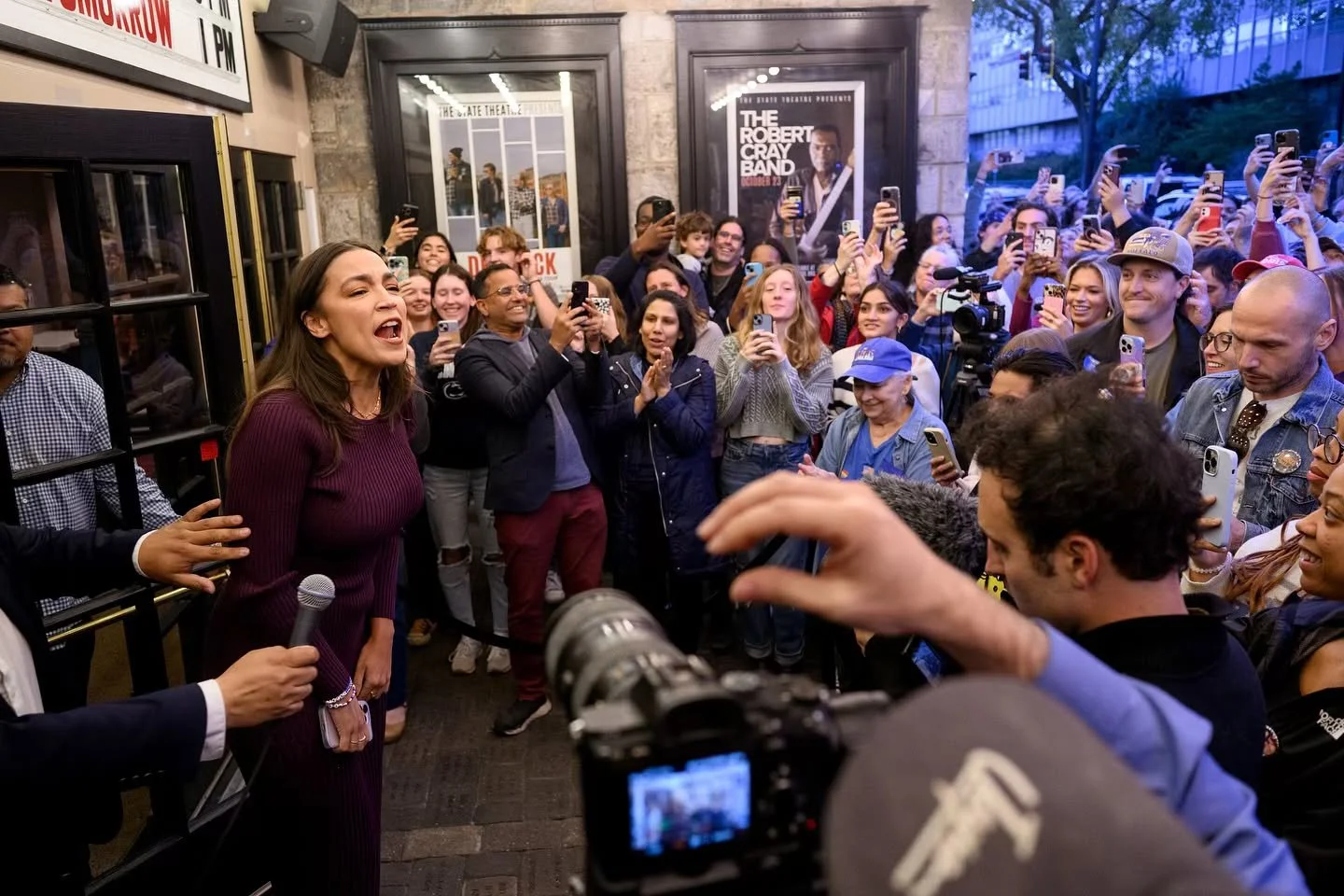 Representative Alexandria Ocasio-Cortez rallies young voters at a &lsquo;Get Out the Early Vote&rsquo; event for Vice President Kamala Harris at the State Theatre on Friday, Oct. 18, 2024 in State College, Pa. Ocasio-Cortez has thrown herself fully b