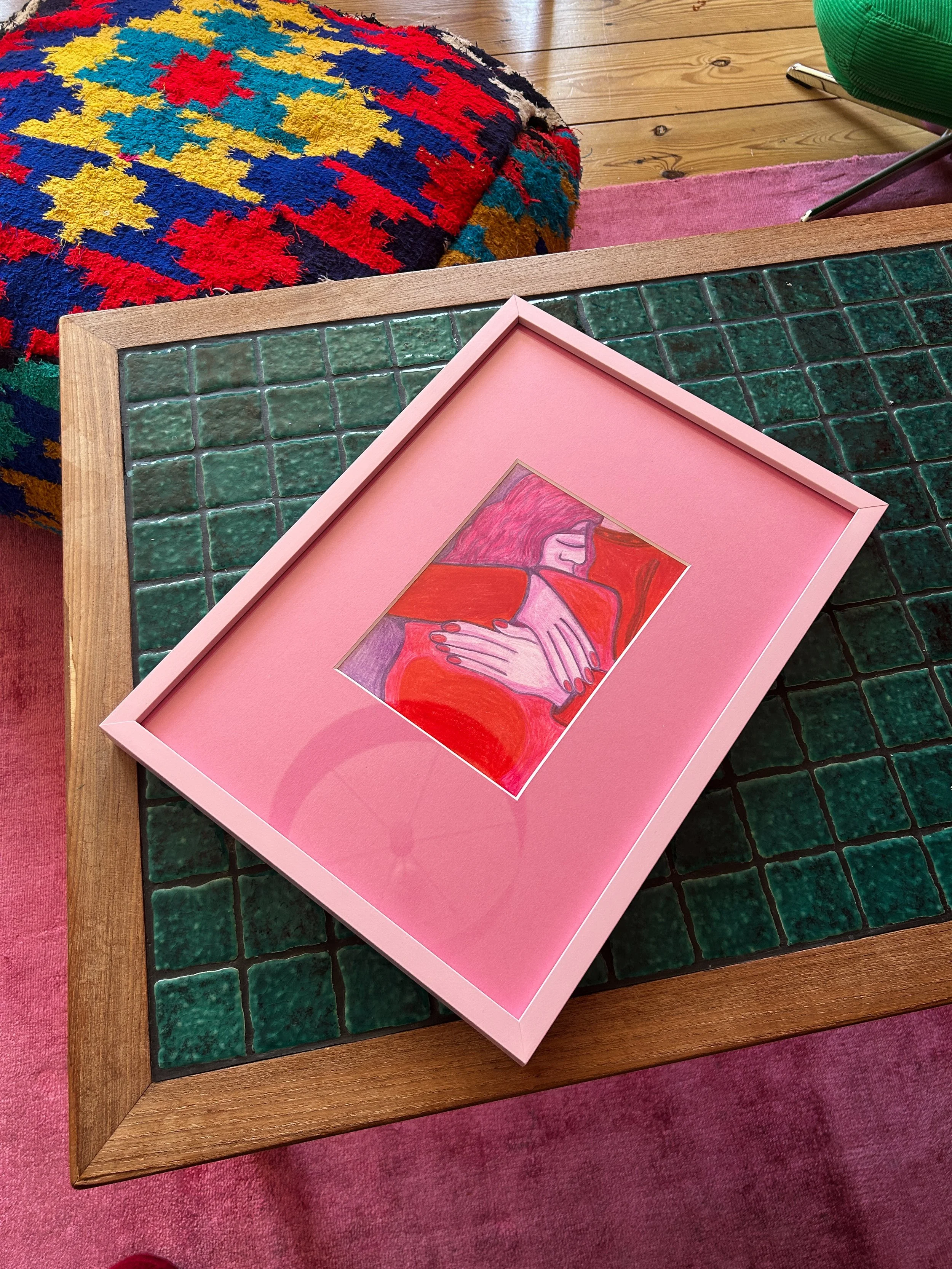 Dolle Liebe 3 – originale Buntstiftzeichnung auf Papier im pinken Holzrahmen