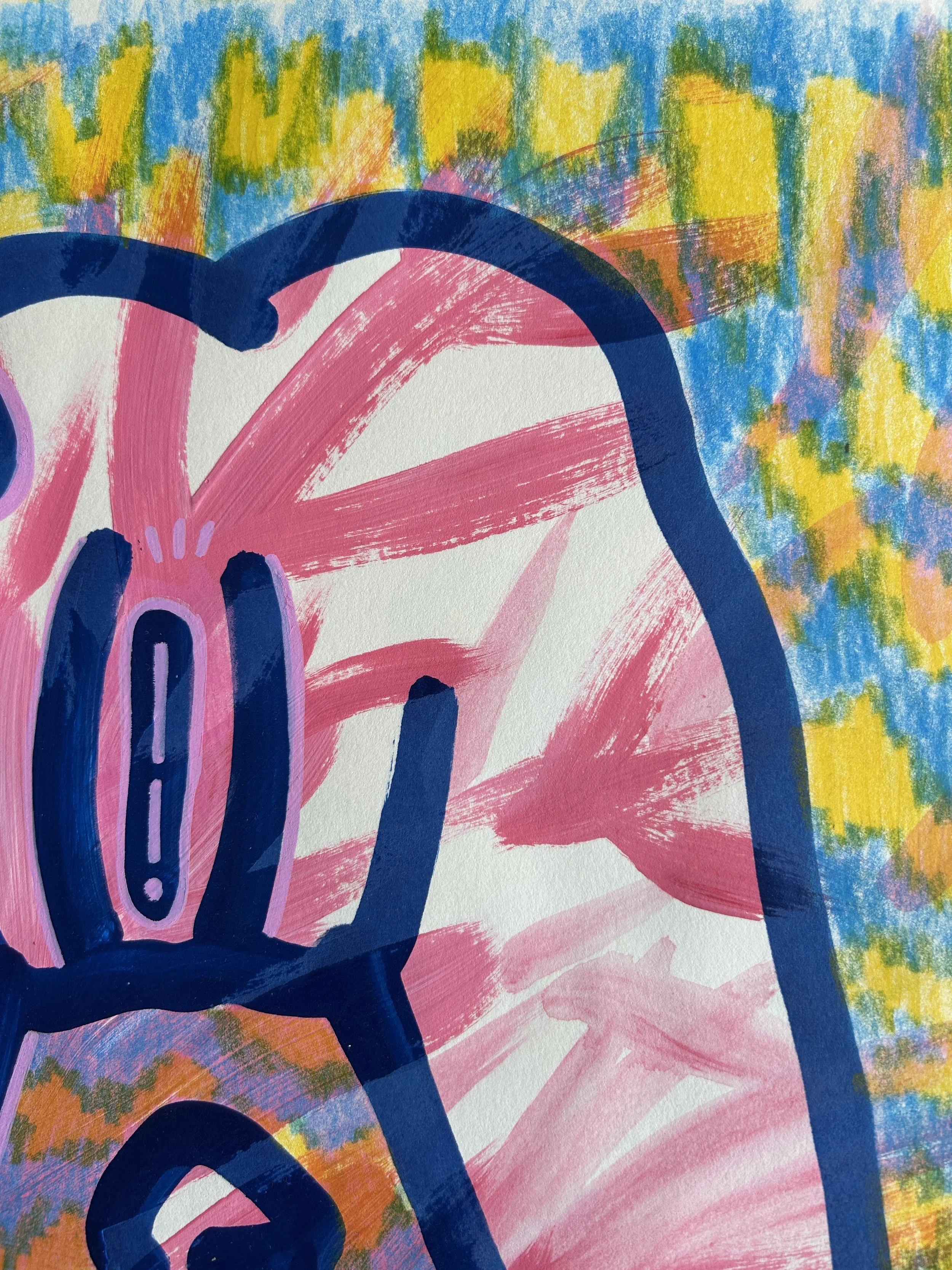 No Title – originales Kunstwerk mit Acrylfarbe, Marker und Buntstift auf Papier