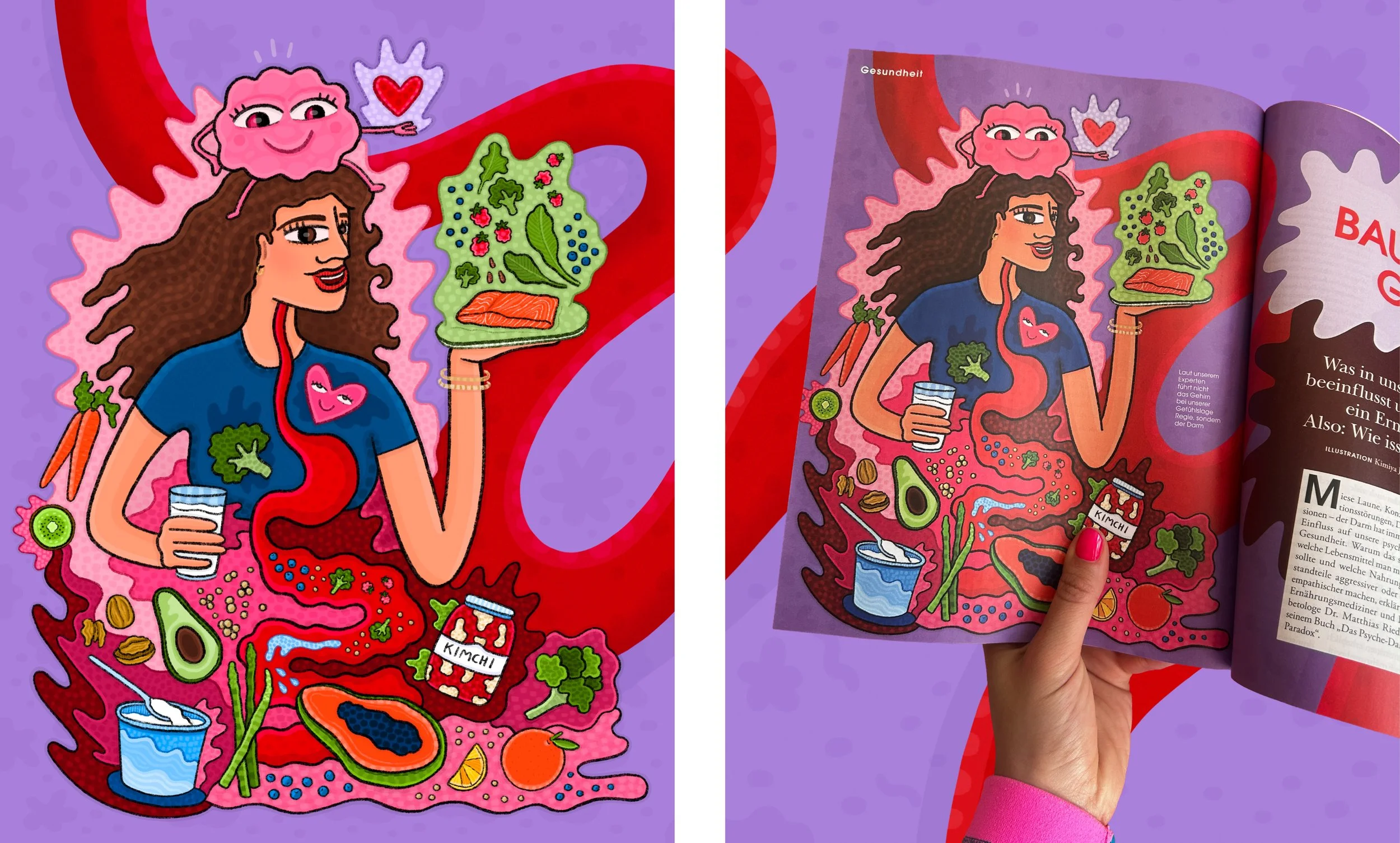 Kimiya-Justus-illustration-DONNAMagazin-Editorial-Foodillustration-Gesundheit-Darm-Gehirn-Papaya-Wallnüsse-Joghurt-Avocado-Kefir-Kimchi-Lachs-Gemüse-Obst-Herz-Frauen-Farben-2026