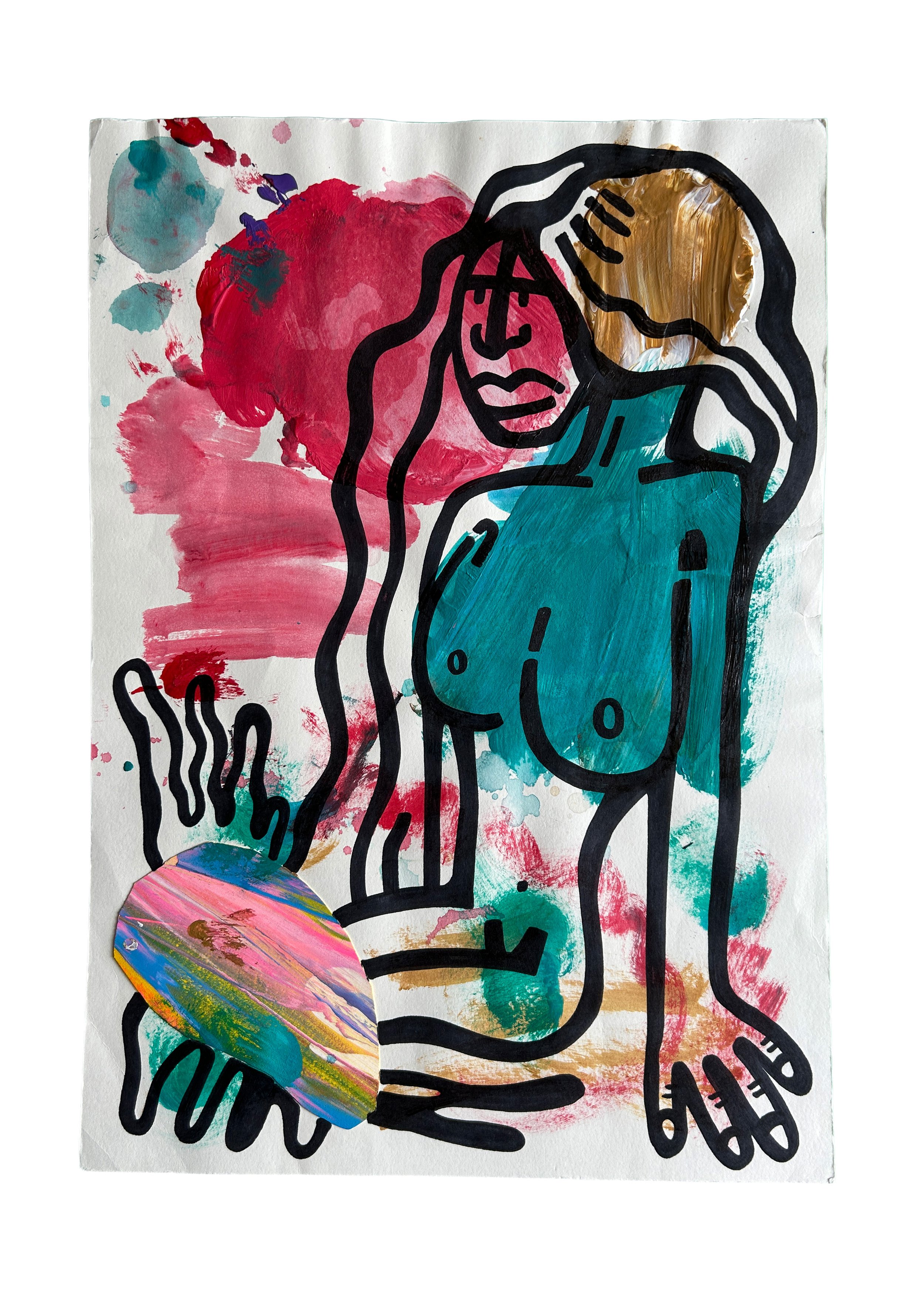 No Title – originales Kunstwerk mit Acrylfarbe, Marker und Collage auf Papier