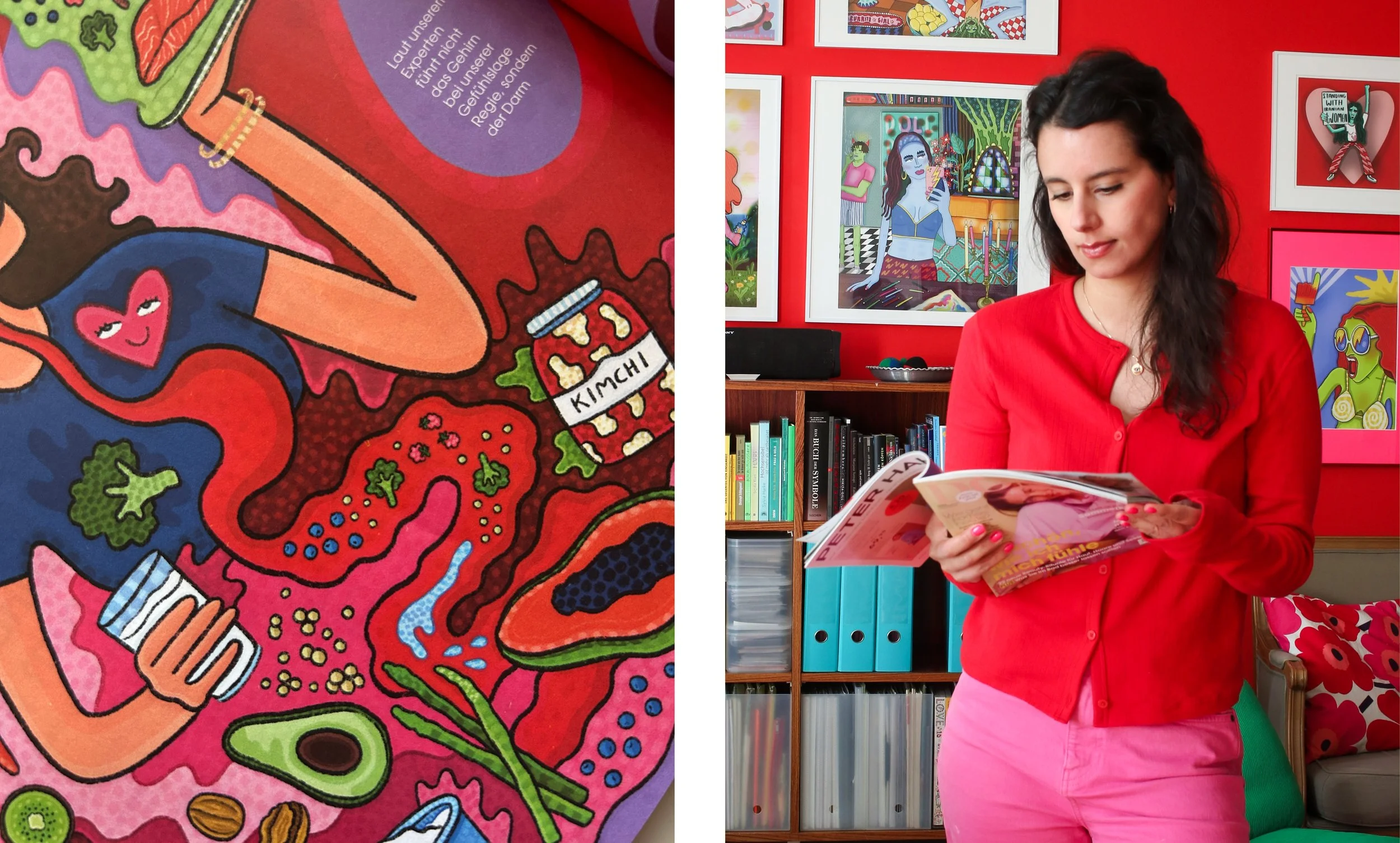 Kimiya-Justus-illustration-DONNAMagazin-Editorial-Foodillustration-Gesundheit-Darm-Gehirn-Papaya-Wallnüsse-Joghurt-Avocado-Kefir-Kimchi-Lachs-Gemüse-Obst-Herz-Frauen-Farben-2026