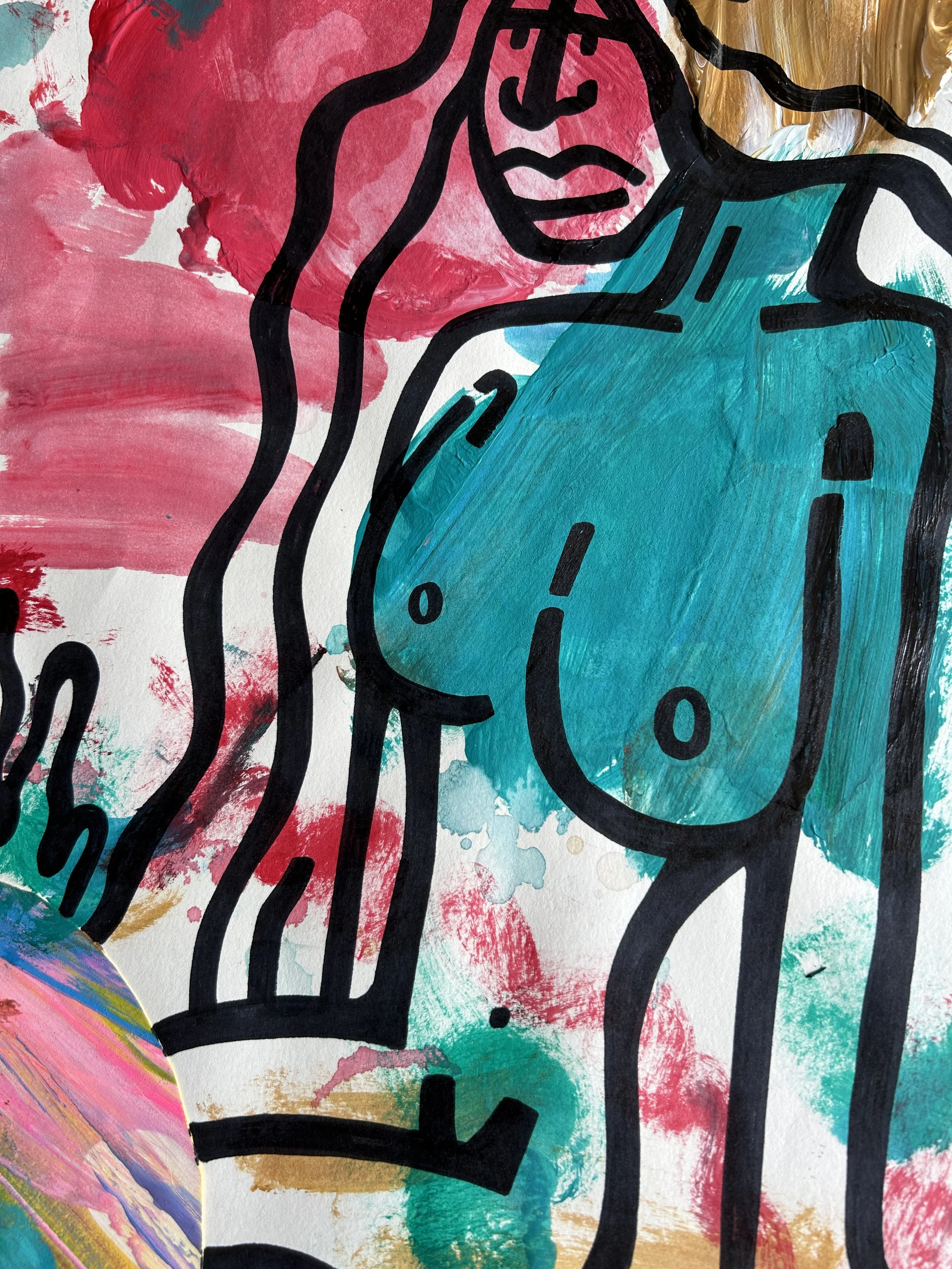 No Title – originales Kunstwerk mit Acrylfarbe, Marker und Collage auf Papier