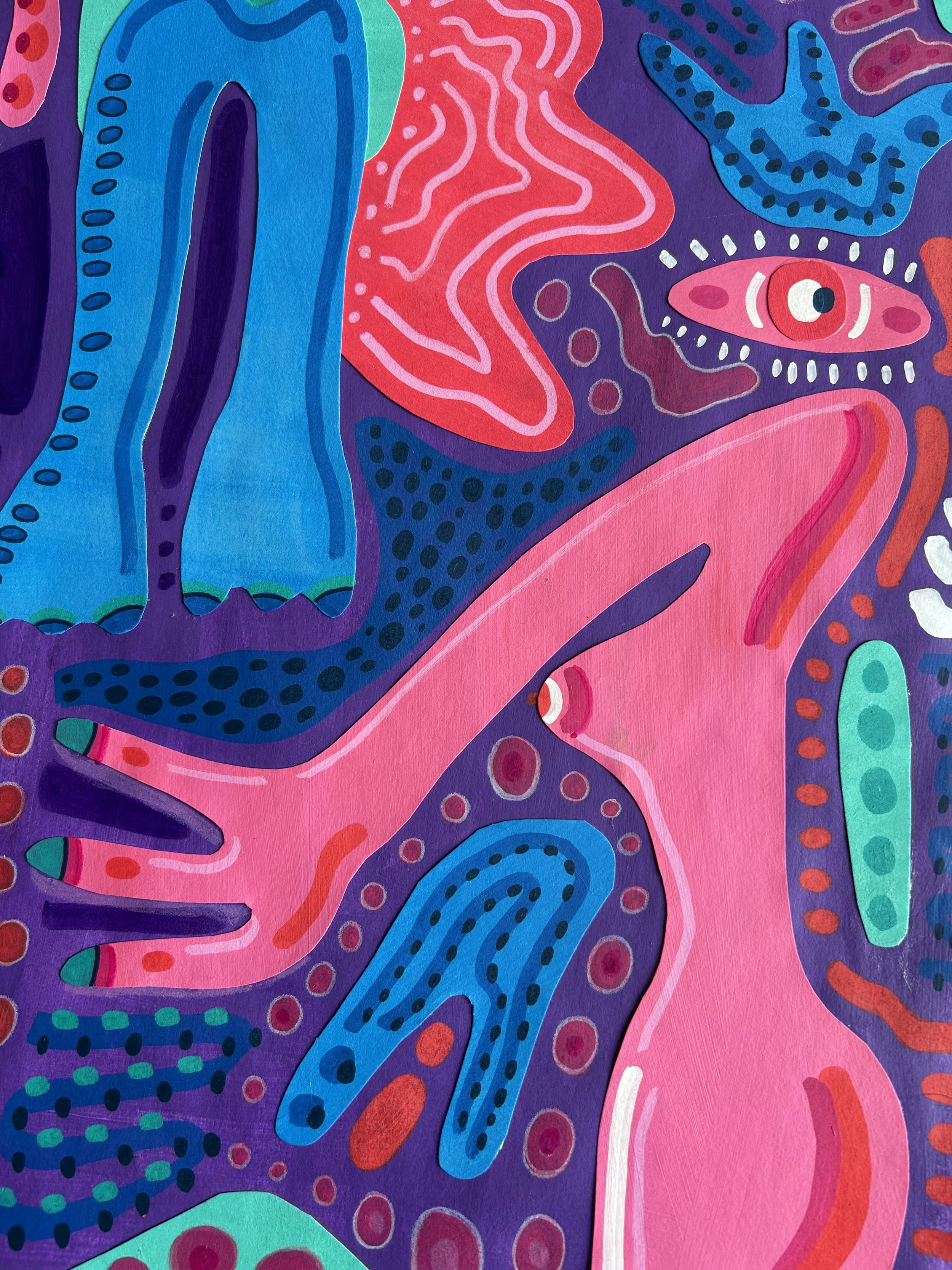 No Title – originales Kunstwerk mit Acrylfarbe, Marker, Collage und Buntstift auf Papier