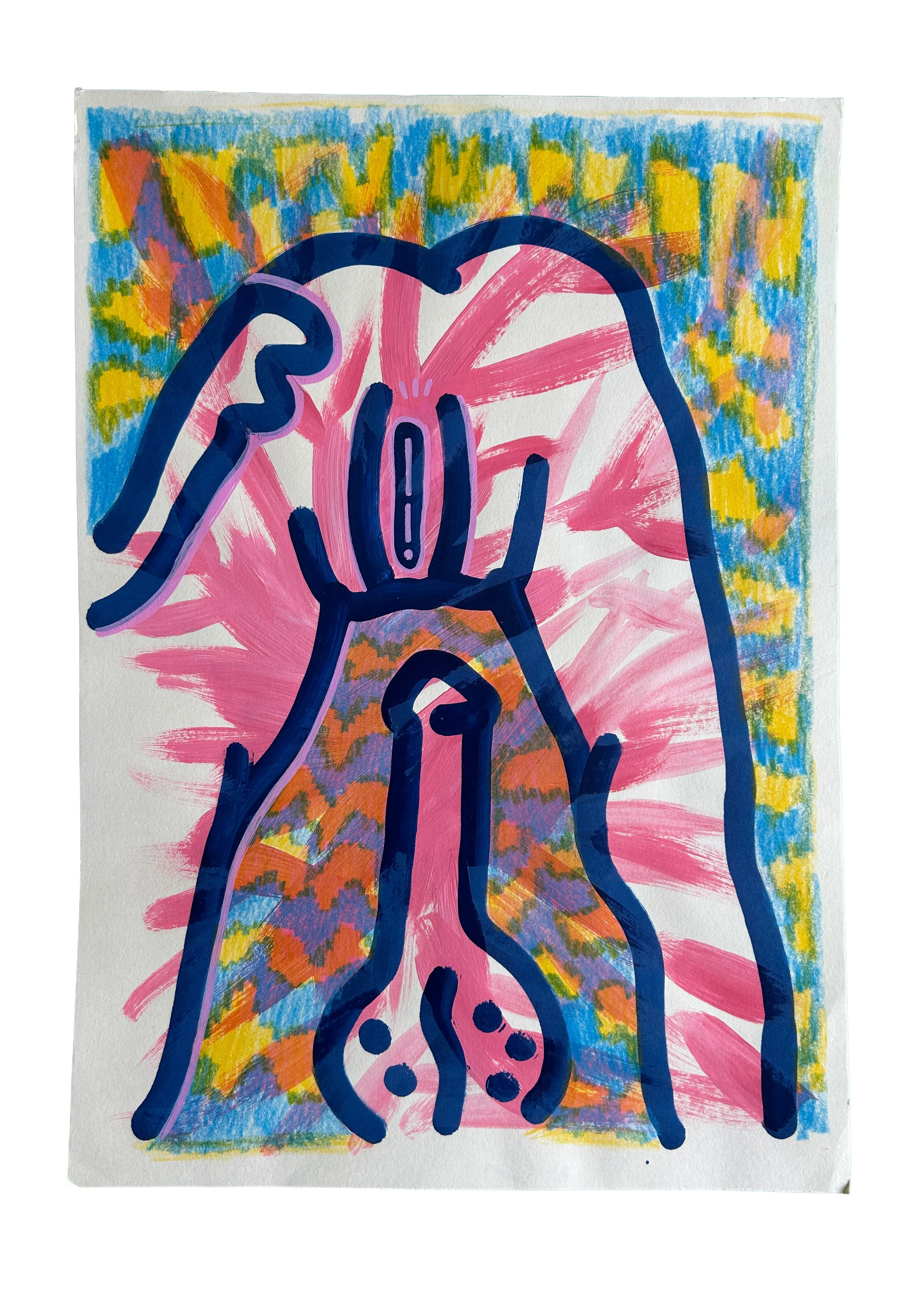 No Title – originales Kunstwerk mit Acrylfarbe, Marker und Buntstift auf Papier