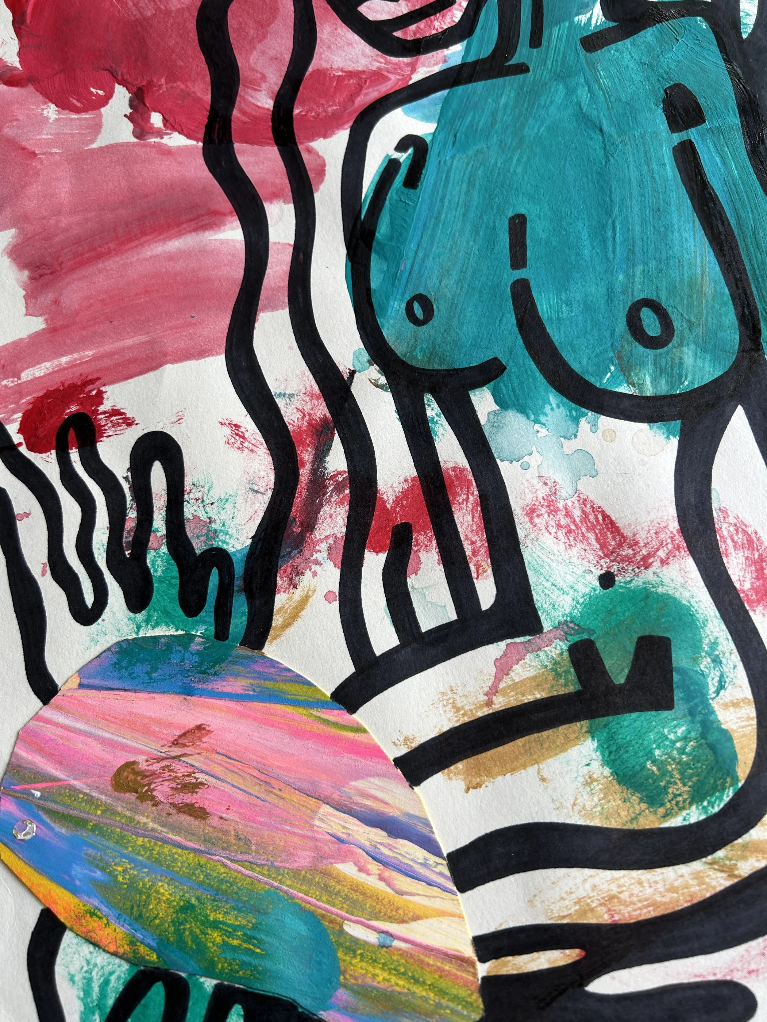 No Title – originales Kunstwerk mit Acrylfarbe, Marker und Collage auf Papier