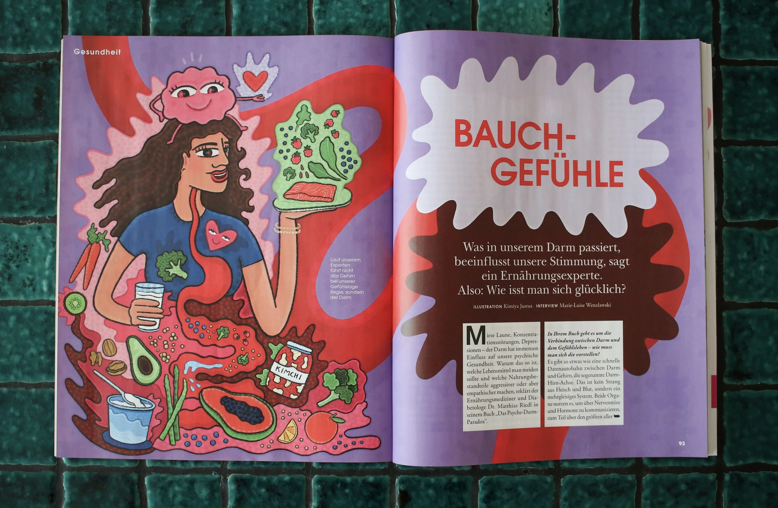 Kimiya-Justus-illustration-DONNAMagazin-Editorial-Foodillustration-Gesundheit-Darm-Gehirn-Papaya-Wallnüsse-Joghurt-Avocado-Kefir-Kimchi-Lachs-Gemüse-Obst-Herz-Frauen-Farben-2026
