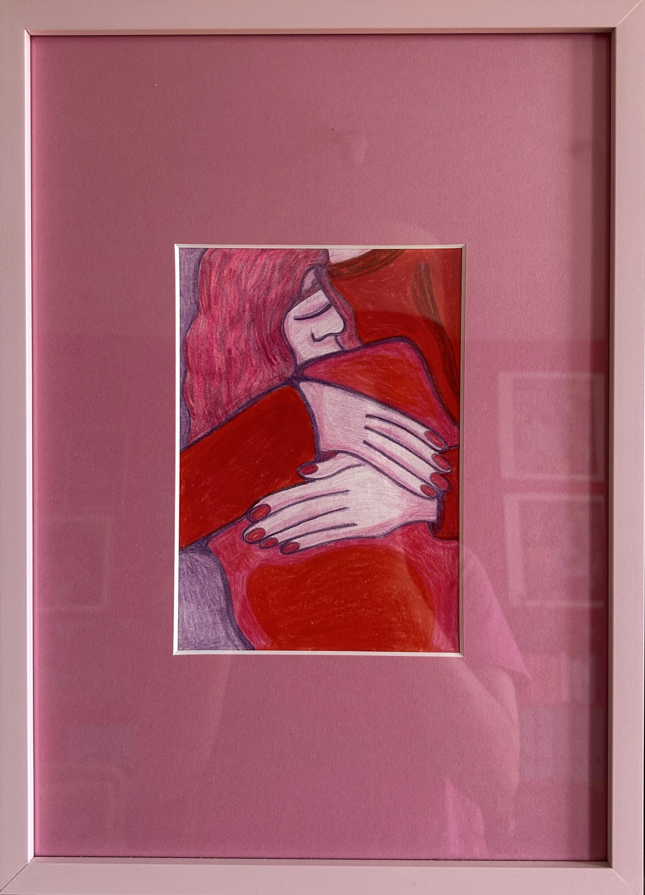 Dolle Liebe 3 – originale Buntstiftzeichnung auf Papier im pinken Holzrahmen