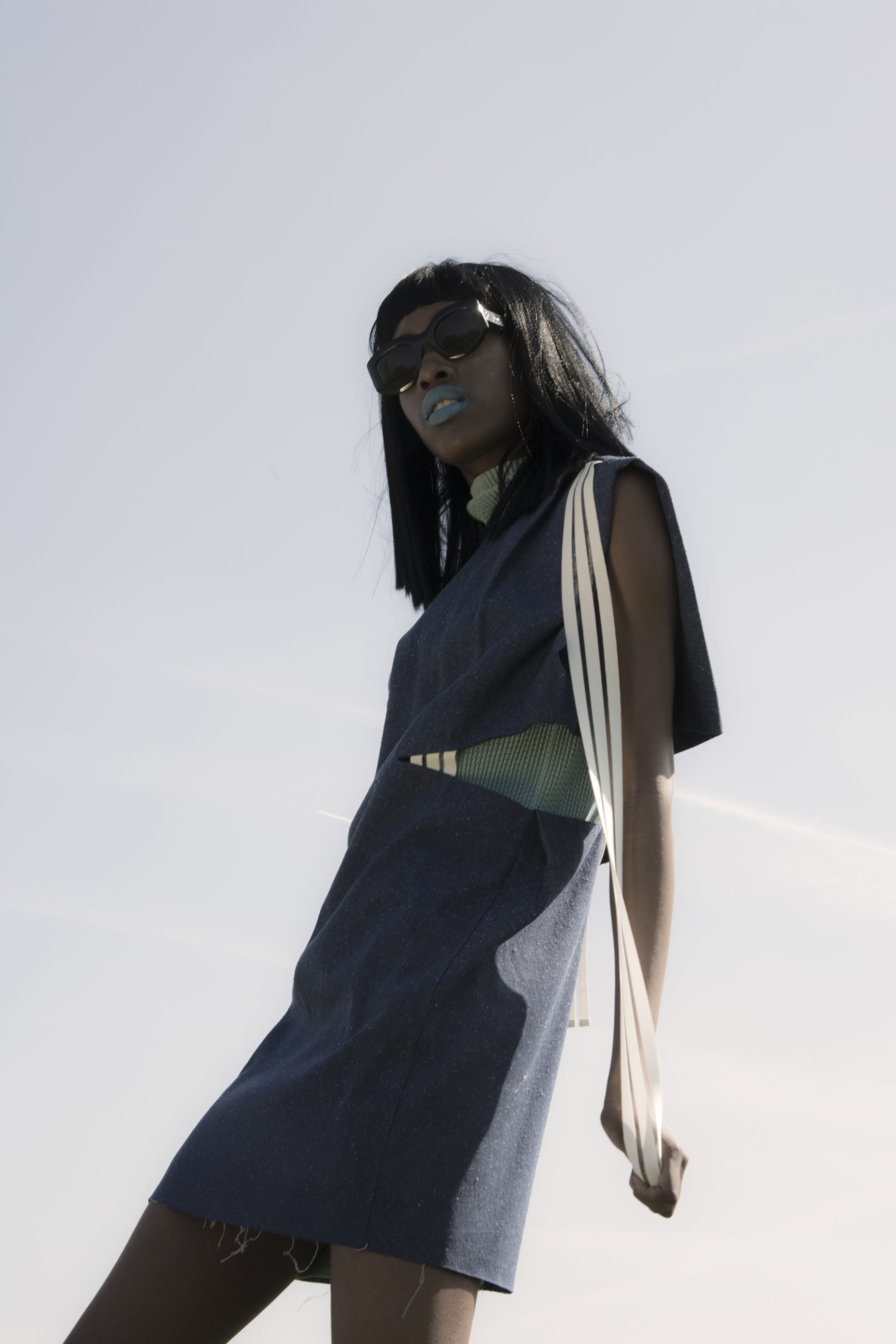 Denim dress: Min Wu Blue dress: Kitty Joseph Sunglasses : Celine 