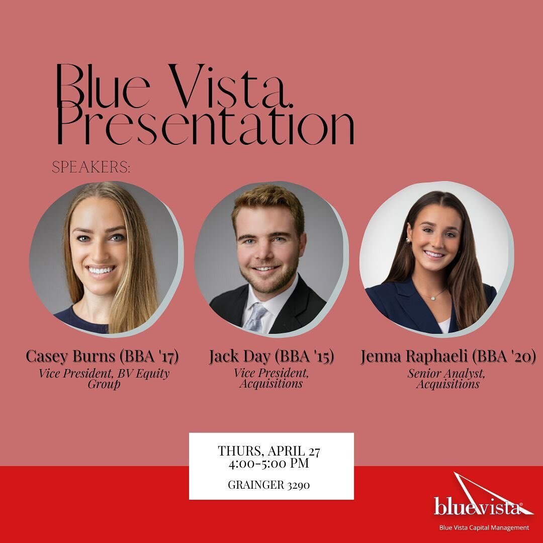 Come join us tomorrow to hear from members of the Blue Vista team for an info session on the firm and how to prepare for their interview process. See you in Grainger 3290!