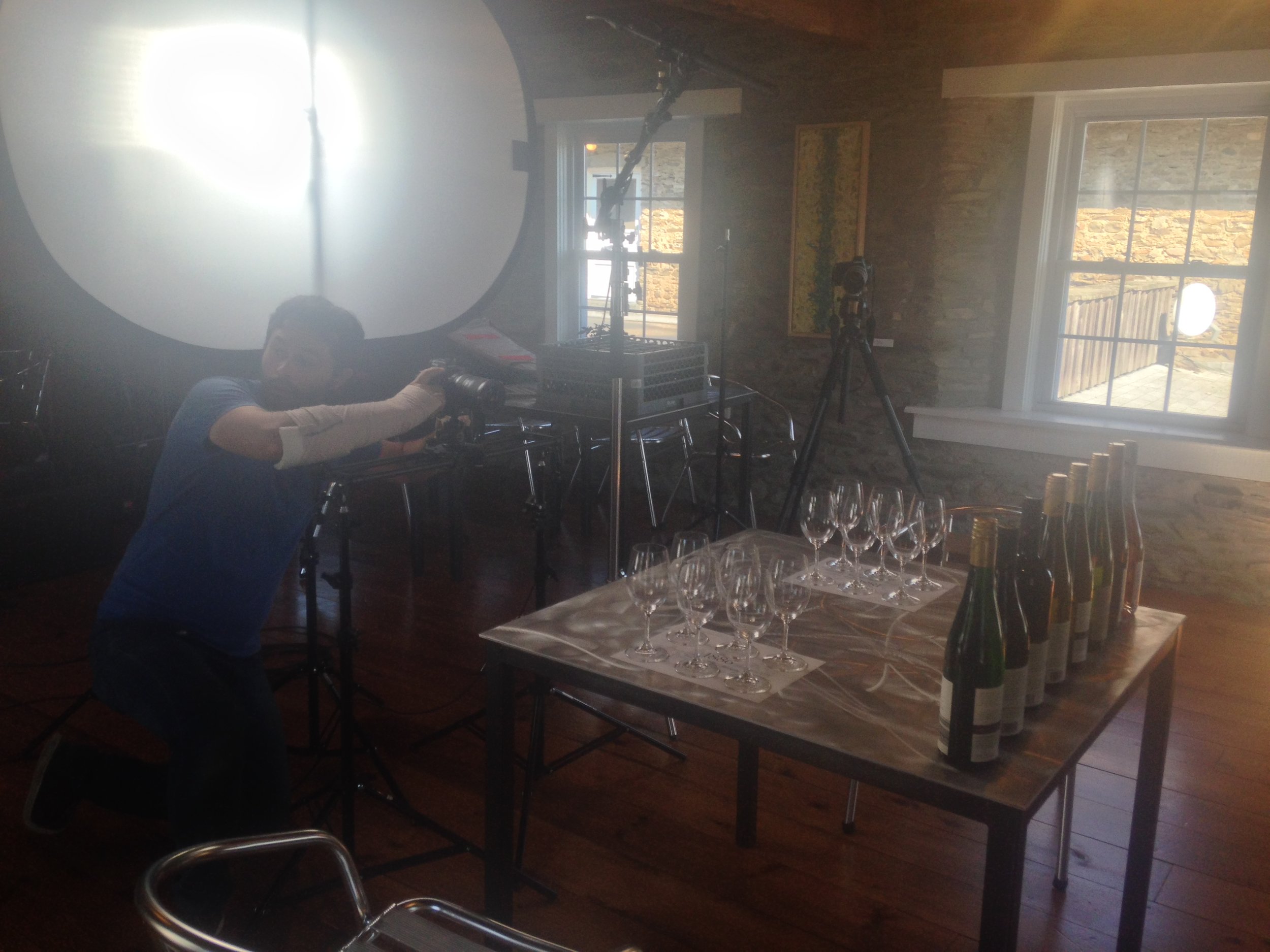 Prepping a scene in the 1886 Reserve Tasting Room at Dr. Konstantin Frank Wine Cellars.