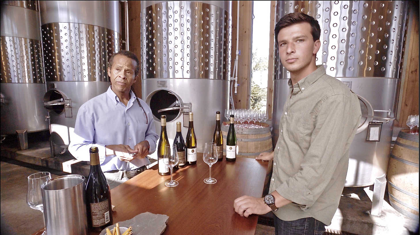Here a staff member of Hermann J. Wiemer Vineyards (left) and the director/host listen to suggestions from the Director of Photography before beginning an interview. This is a screen grab coming out of the Sony a7S II with a Canon 17-40mm mounted via a Metabones adaptor.