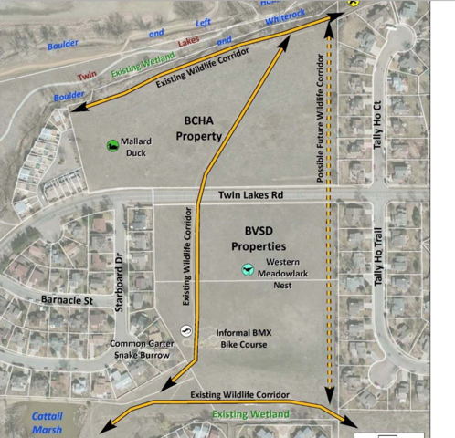 Graphic from the County's wildlife study illustrating location of critical wildlife corridors that would be destroyed by the massive apartment project being championed by the County Commission and Boulder Valley Housing Authority.