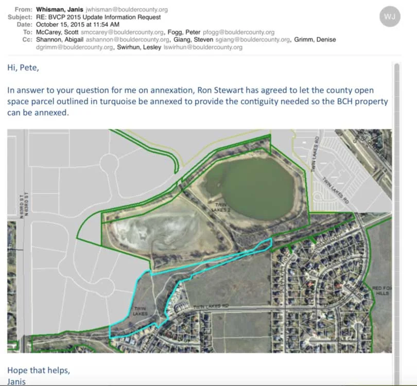 Internal Boulder County Staff email discovered during open records request that reveals the insider plan to annex open space to provide contiguity enabling BCH property annexation by the City of Boulder. 